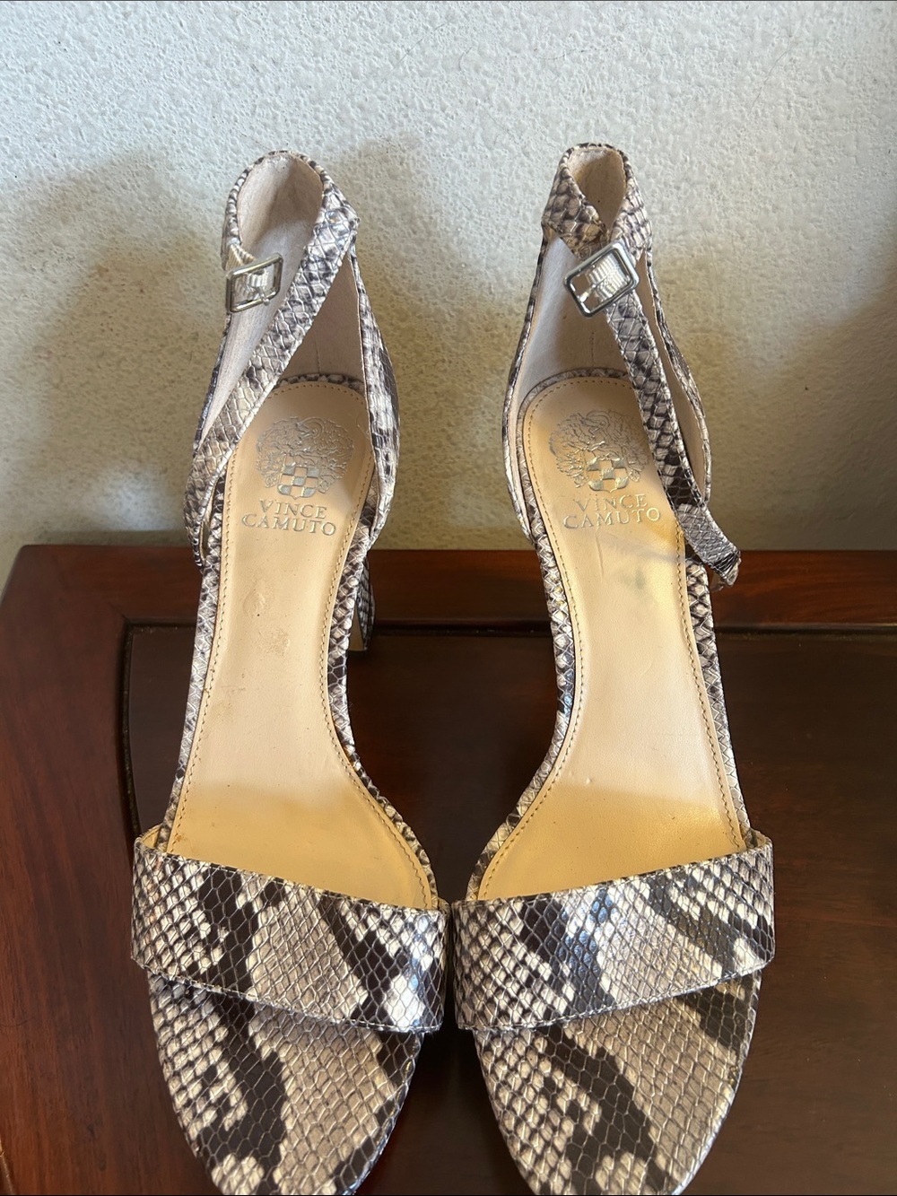 Vince Camuto Snake-Print Ankle Strap Sandals in Taupe/Black Size 11